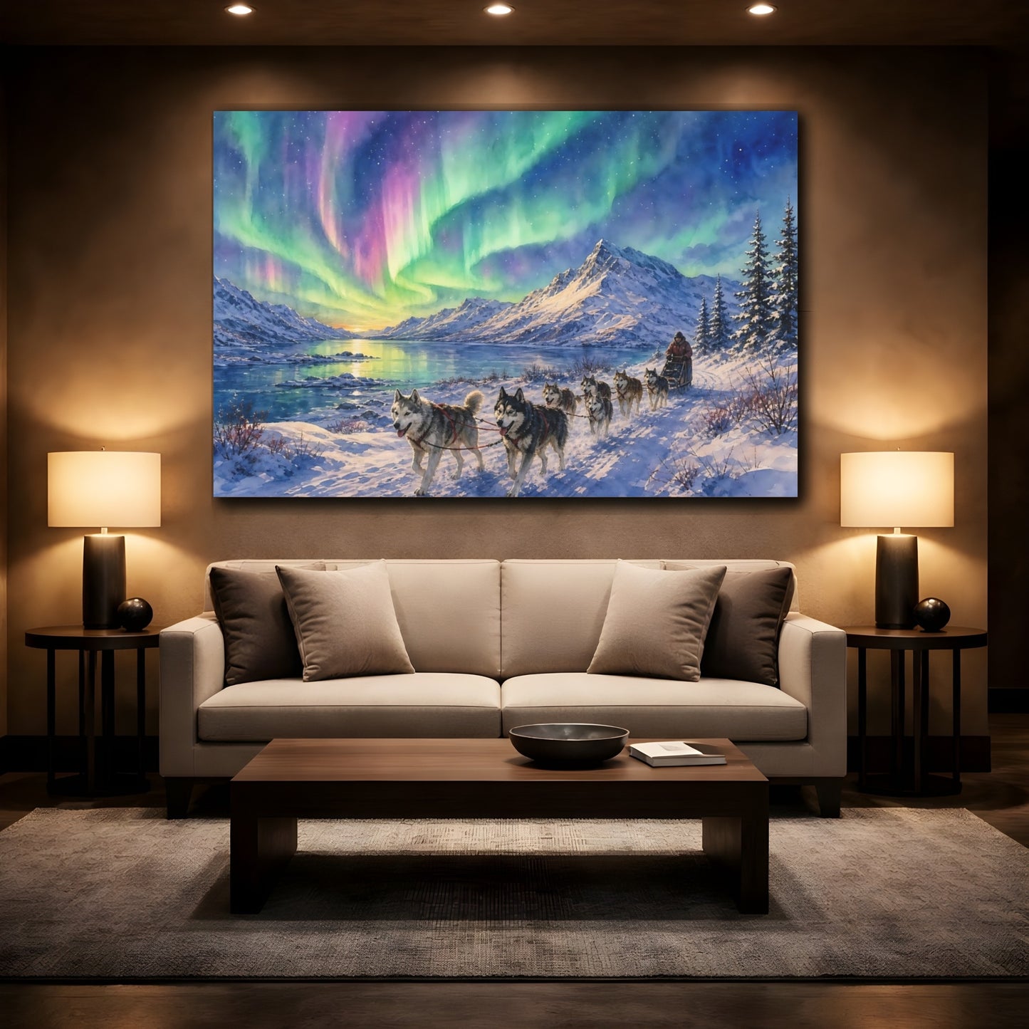Mockup 2. Nature Aurora Husky Purple Green Aurora shown as stretched canvas wall art