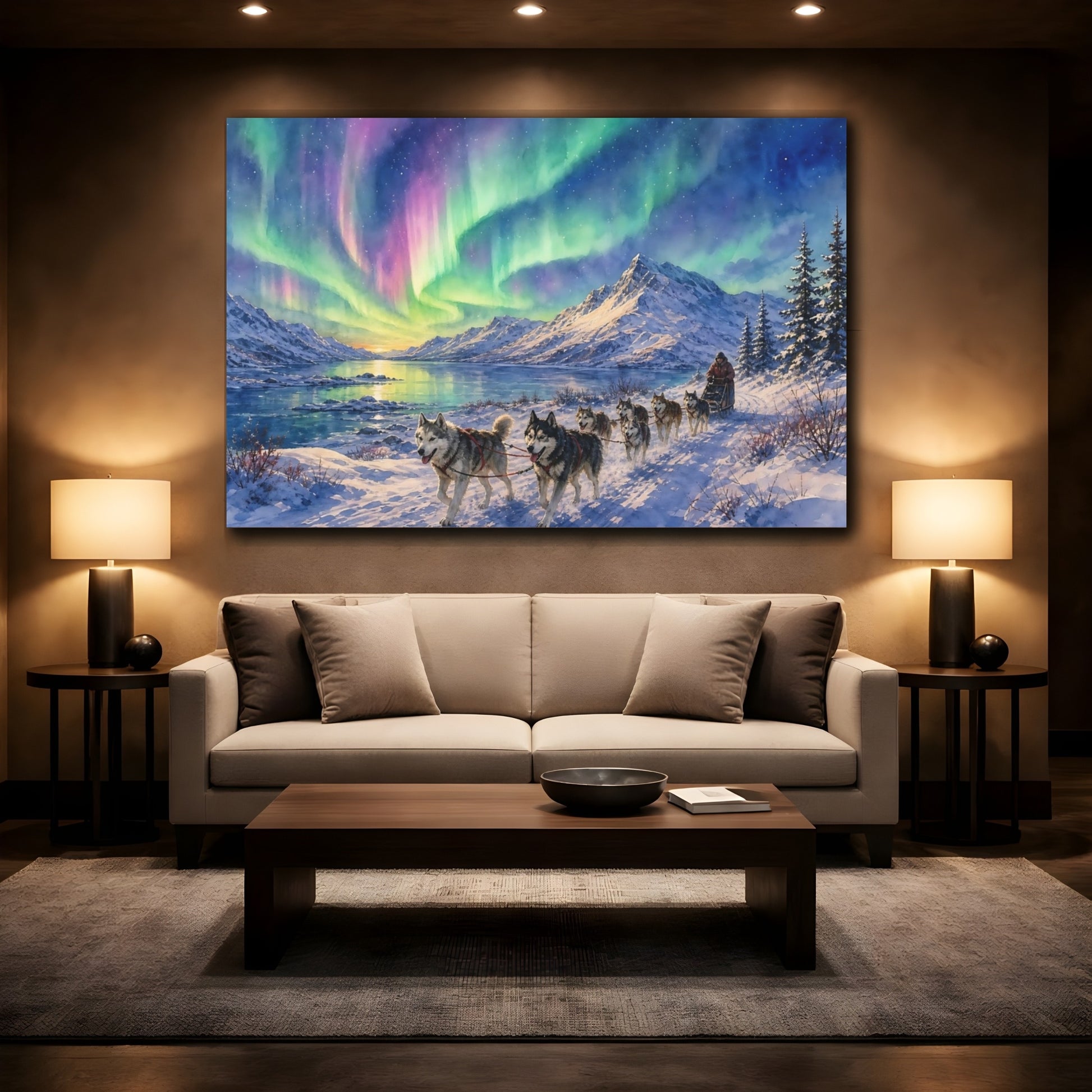 Mockup 2. Nature Aurora Husky Purple Green Aurora shown as stretched canvas wall art