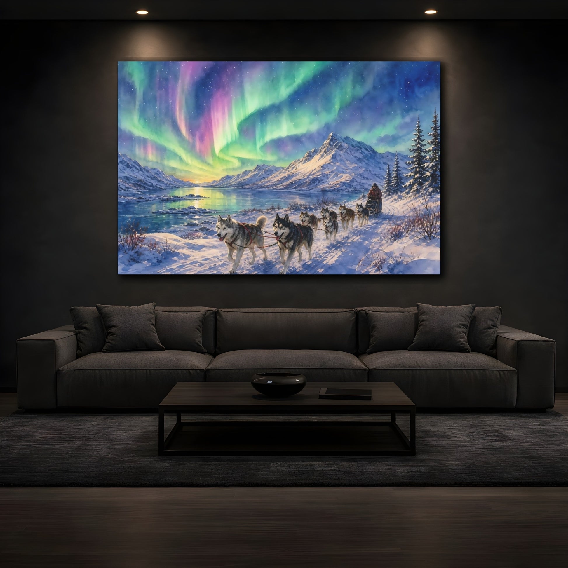Mockup 3. Nature Aurora Husky Purple Green Aurora shown as stretched canvas wall art