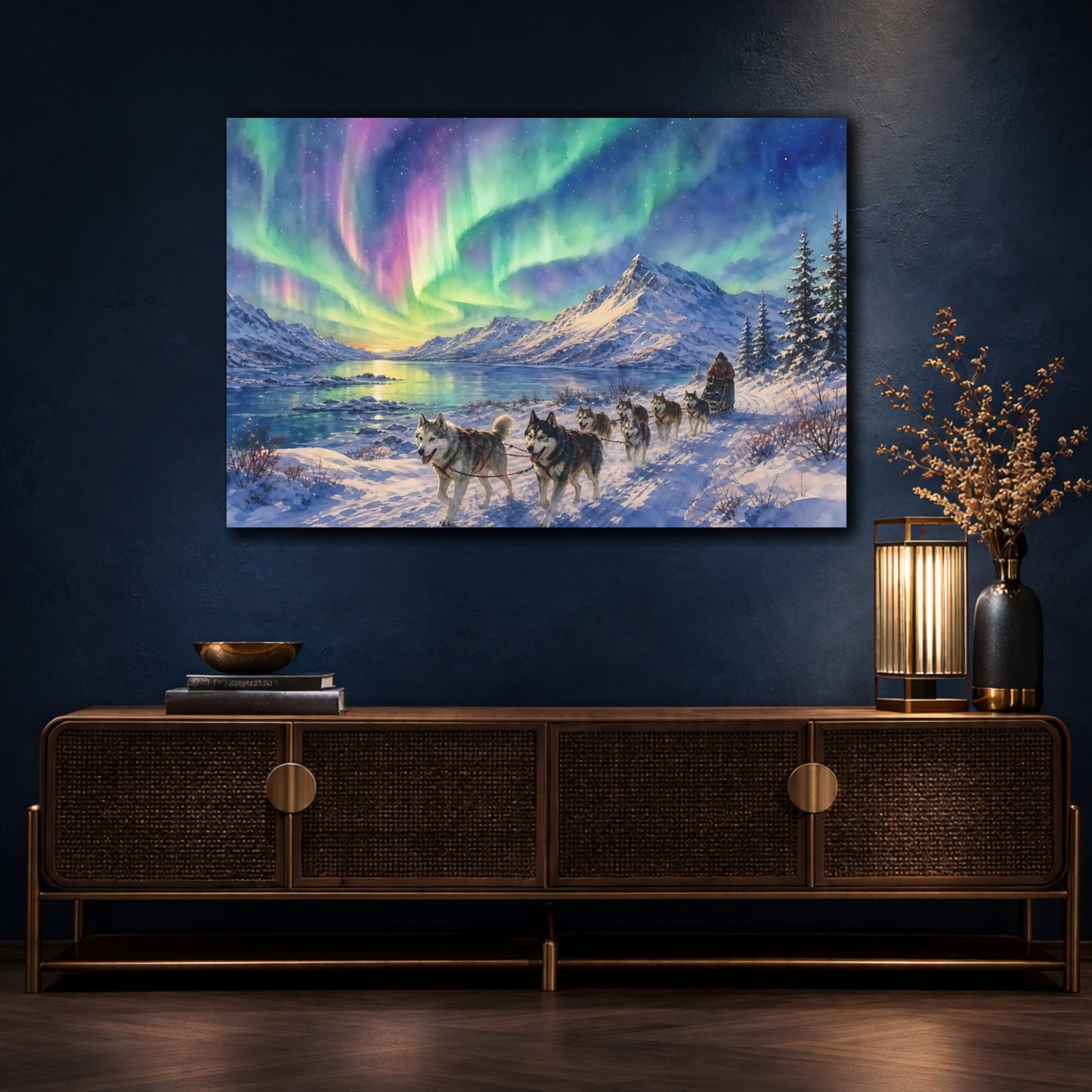Mockup 4. Nature Aurora Husky Purple Green Aurora shown as stretched canvas wall art