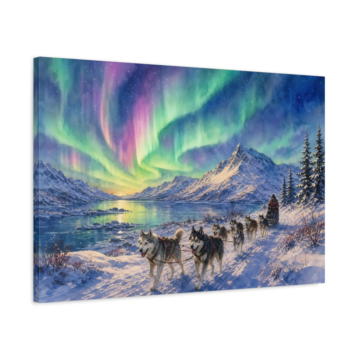 Side Mockup 2. Nature Aurora Husky Purple Green Aurora shown as stretched canvas wall art