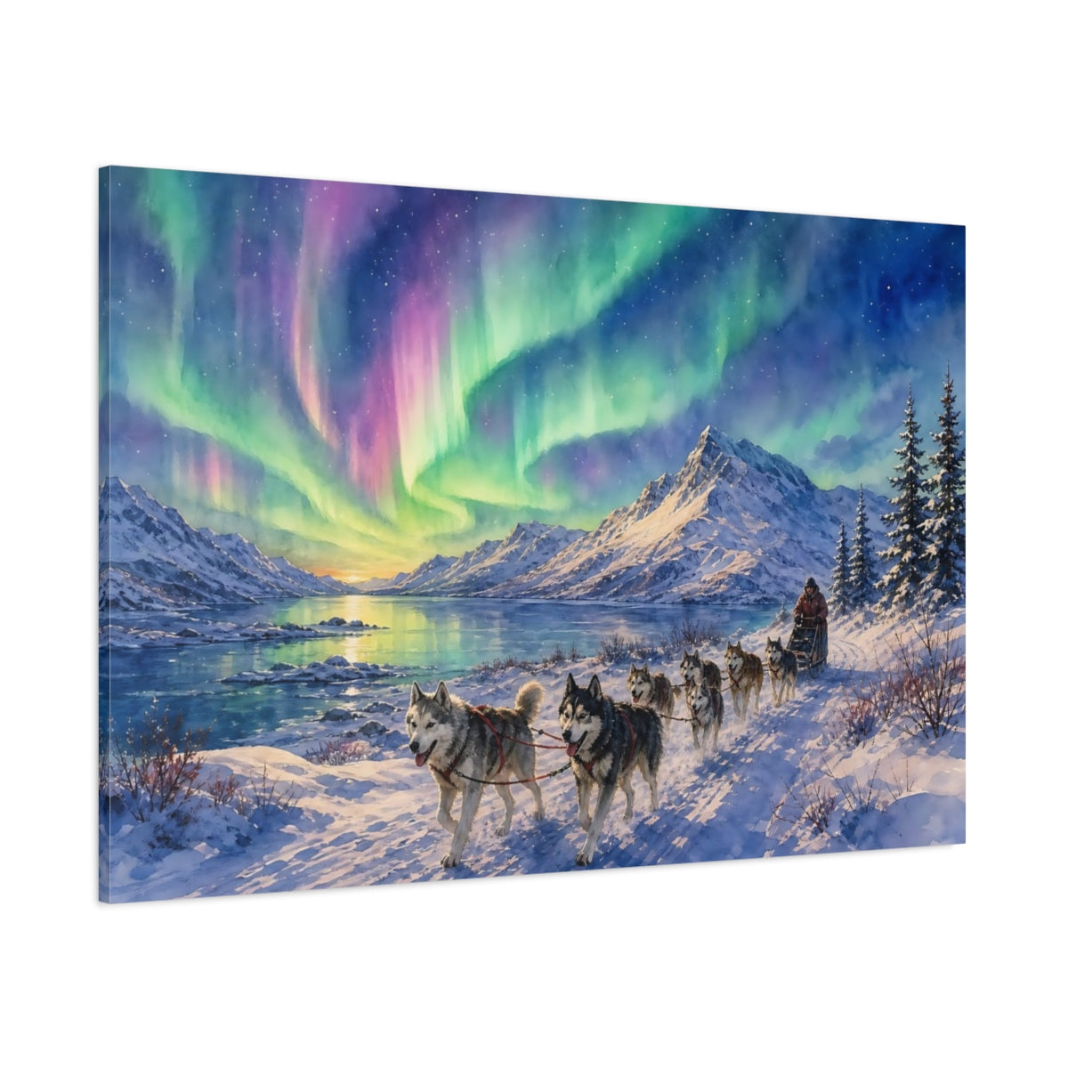 Side Mockup 1. Nature Aurora Husky Purple Green Aurora shown as stretched canvas wall art