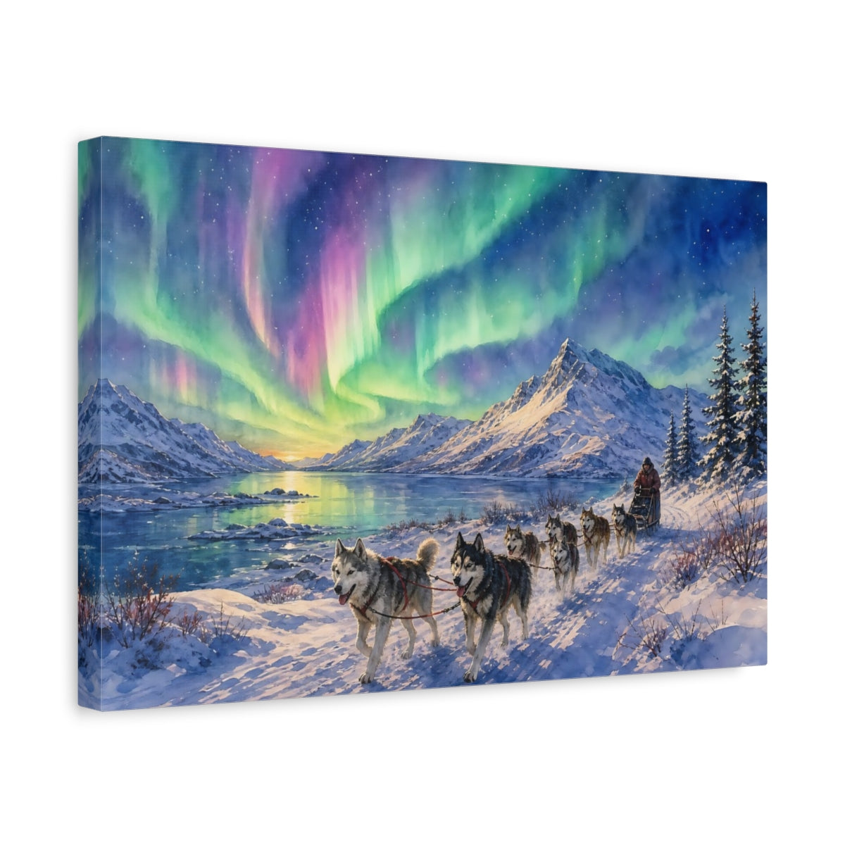 Side Mockup 4. Nature Aurora Husky Purple Green Aurora shown as stretched canvas wall art