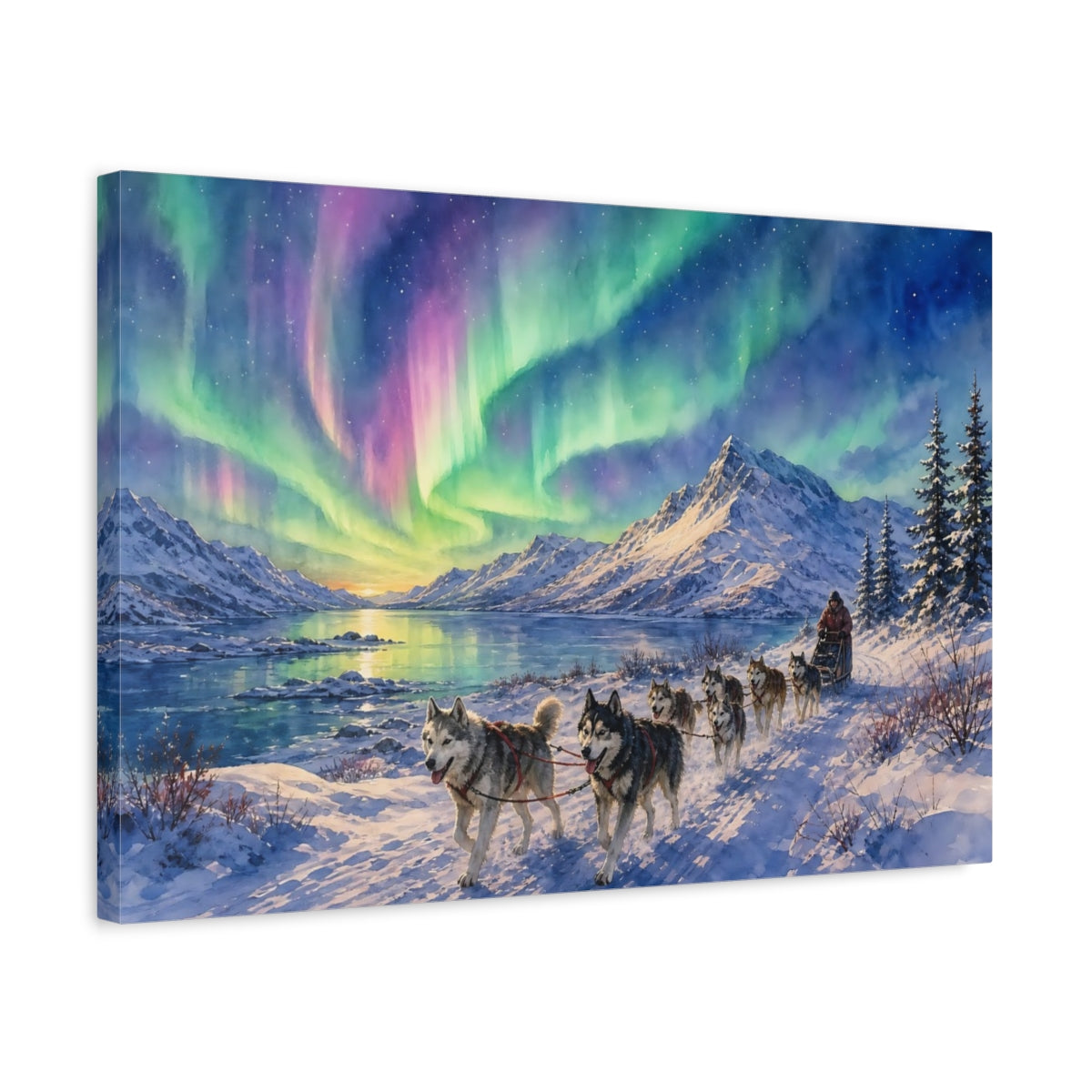 Side Mockup 3. Nature Aurora Husky Purple Green Aurora shown as stretched canvas wall art