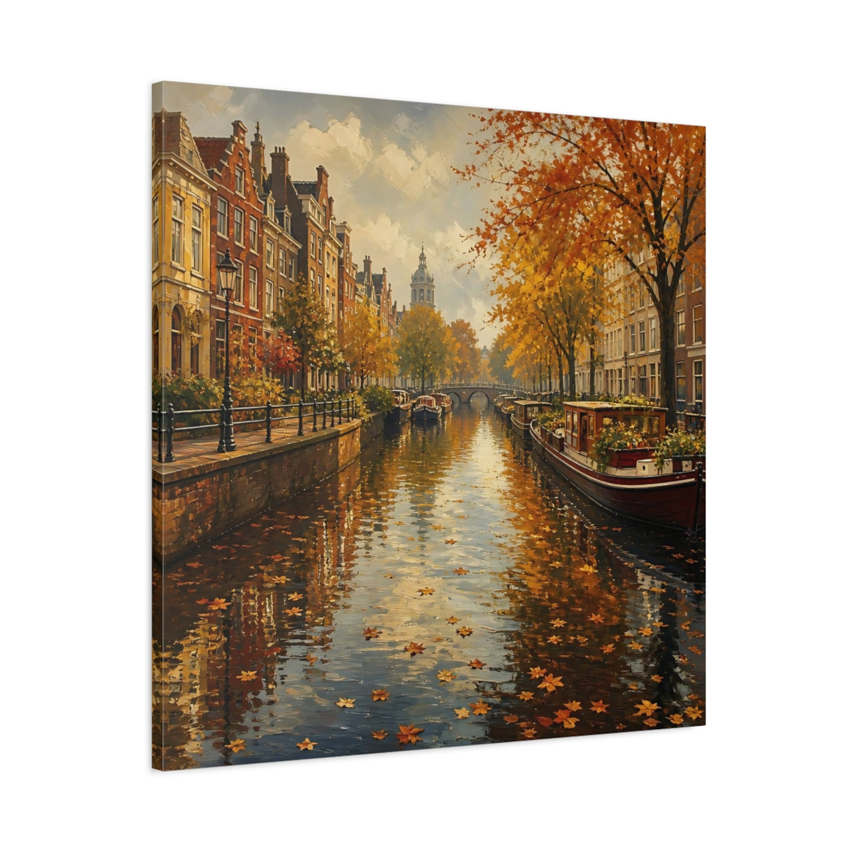 Main Mockup. Nature Autumn Canal Autumn Cityscape shown as stretched canvas wall art