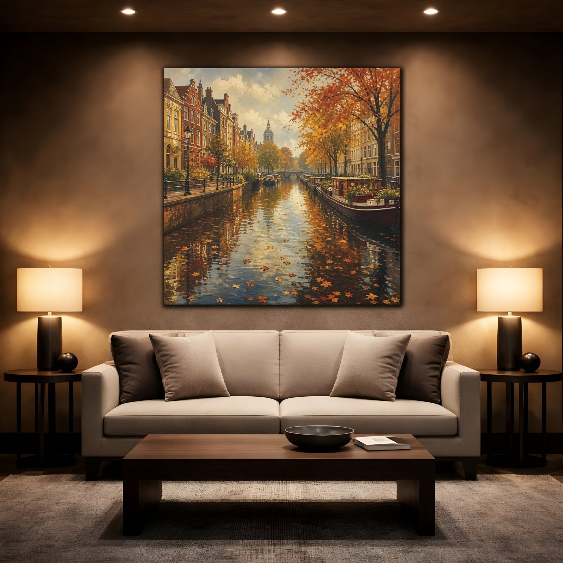 Mockup 2. Nature Autumn Canal Autumn Cityscape shown as stretched canvas wall art