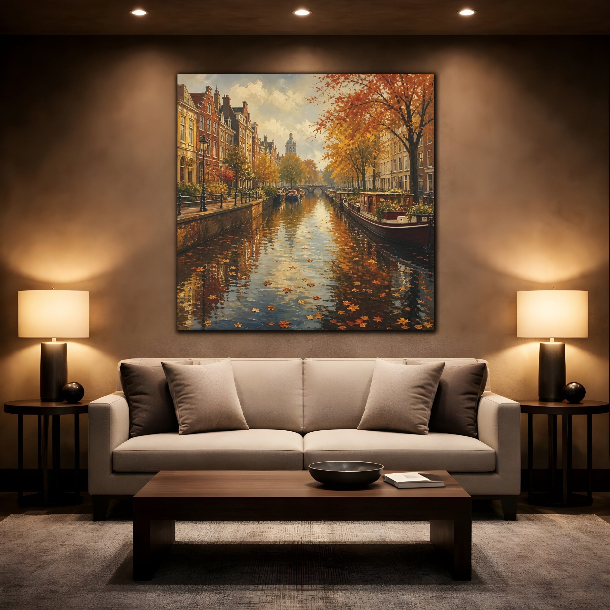 Mockup 2. Nature Autumn Canal Autumn Cityscape shown as stretched canvas wall art