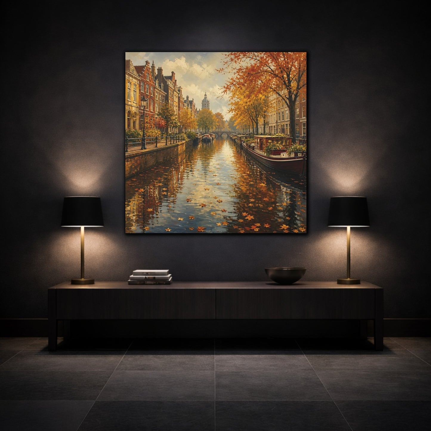 Mockup 3. Nature Autumn Canal Autumn Cityscape shown as stretched canvas wall art