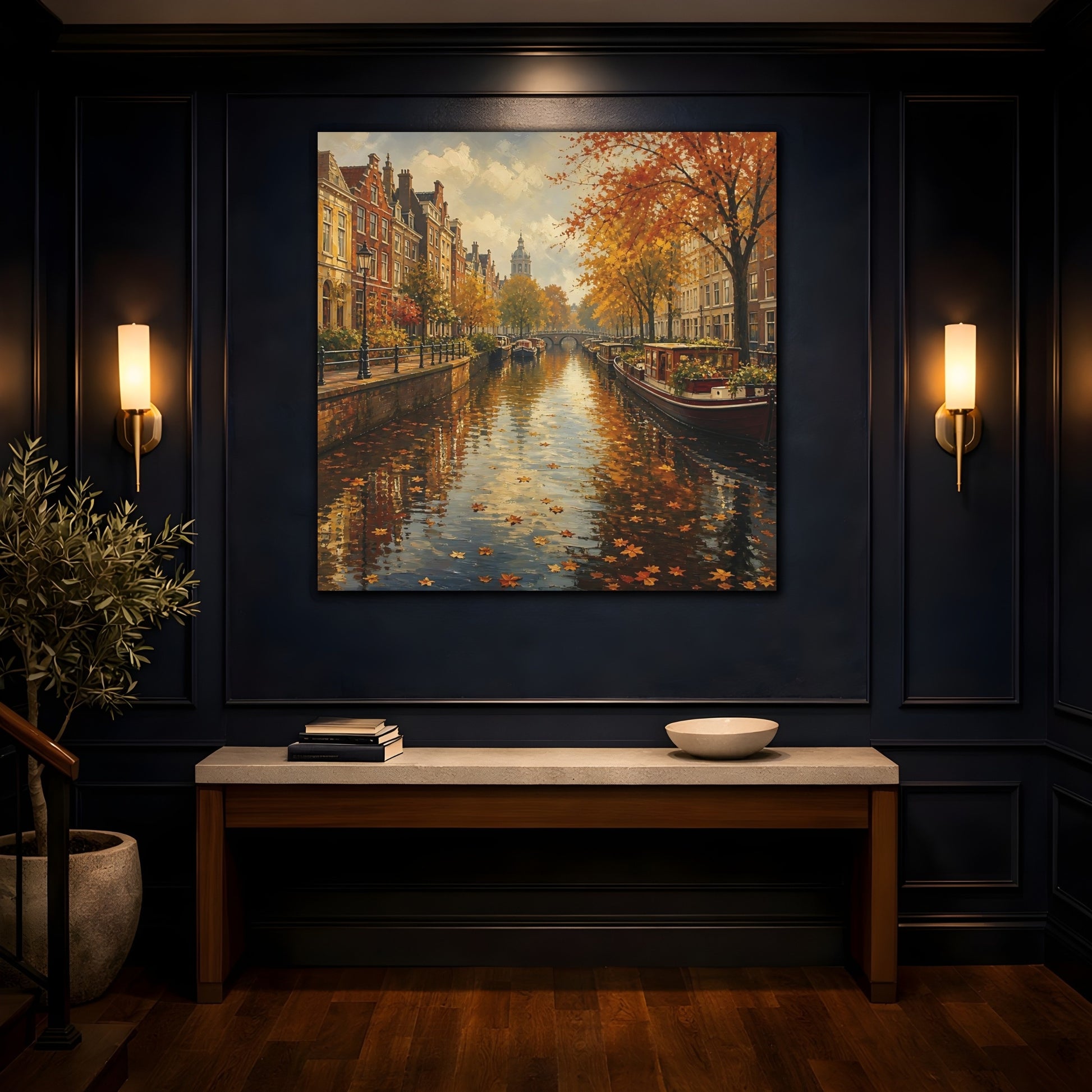Mockup 4. Nature Autumn Canal Autumn Cityscape shown as stretched canvas wall art