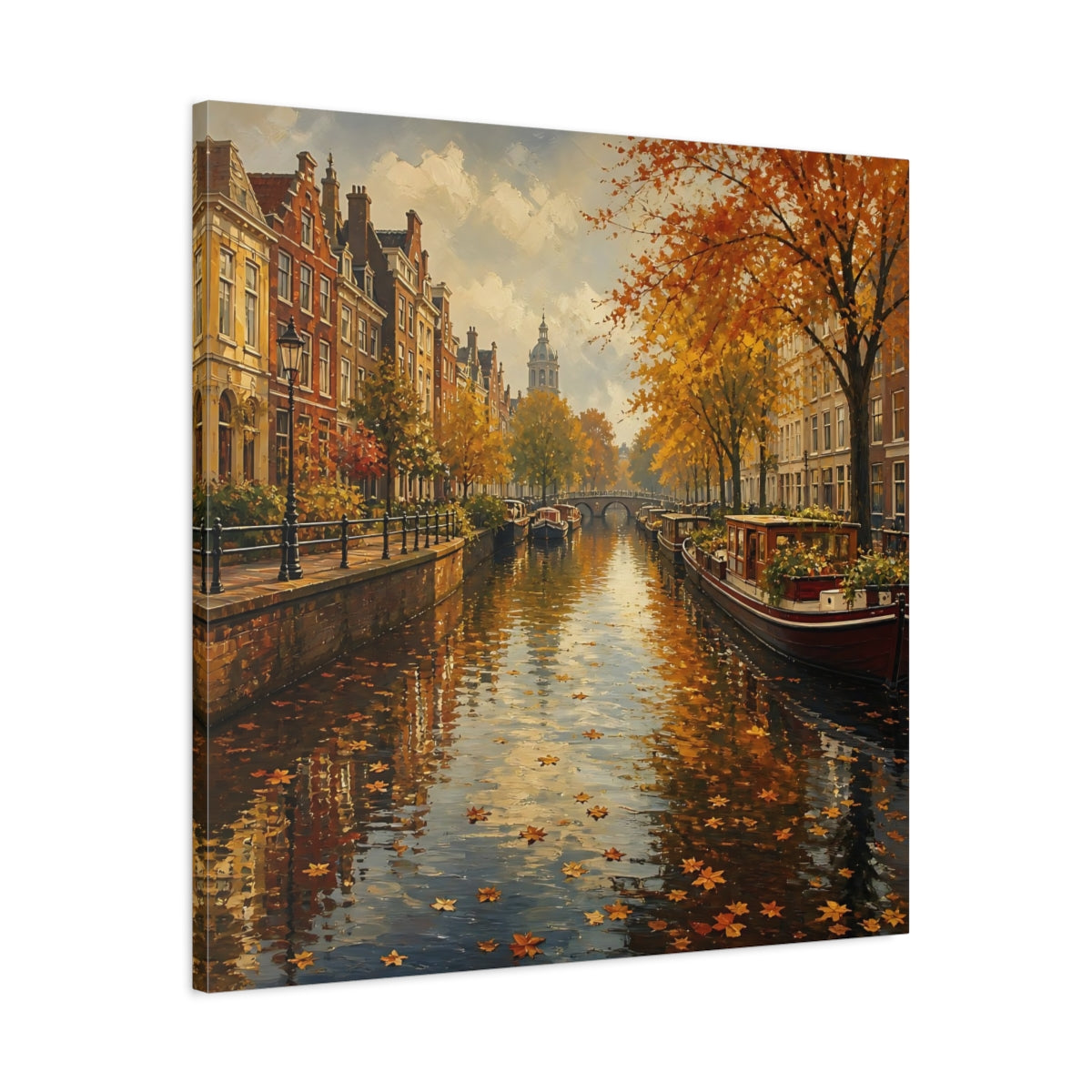 Side Mockup 3. Nature Autumn Canal Autumn Cityscape shown as stretched canvas wall art