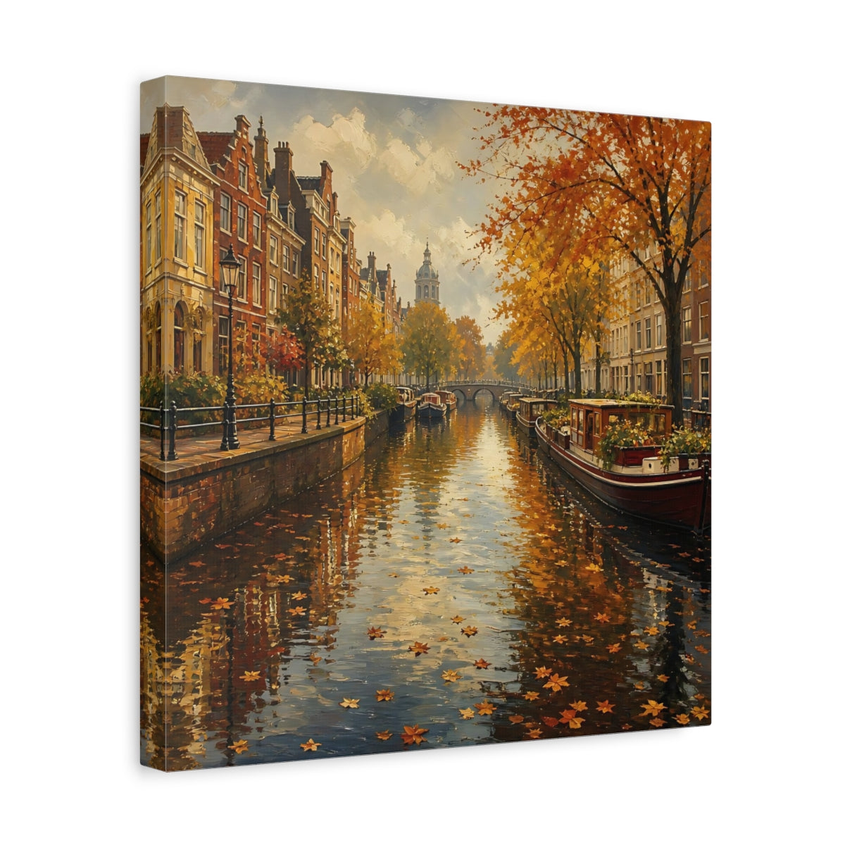 Side Mockup 7. Nature Autumn Canal Autumn Cityscape shown as stretched canvas wall art