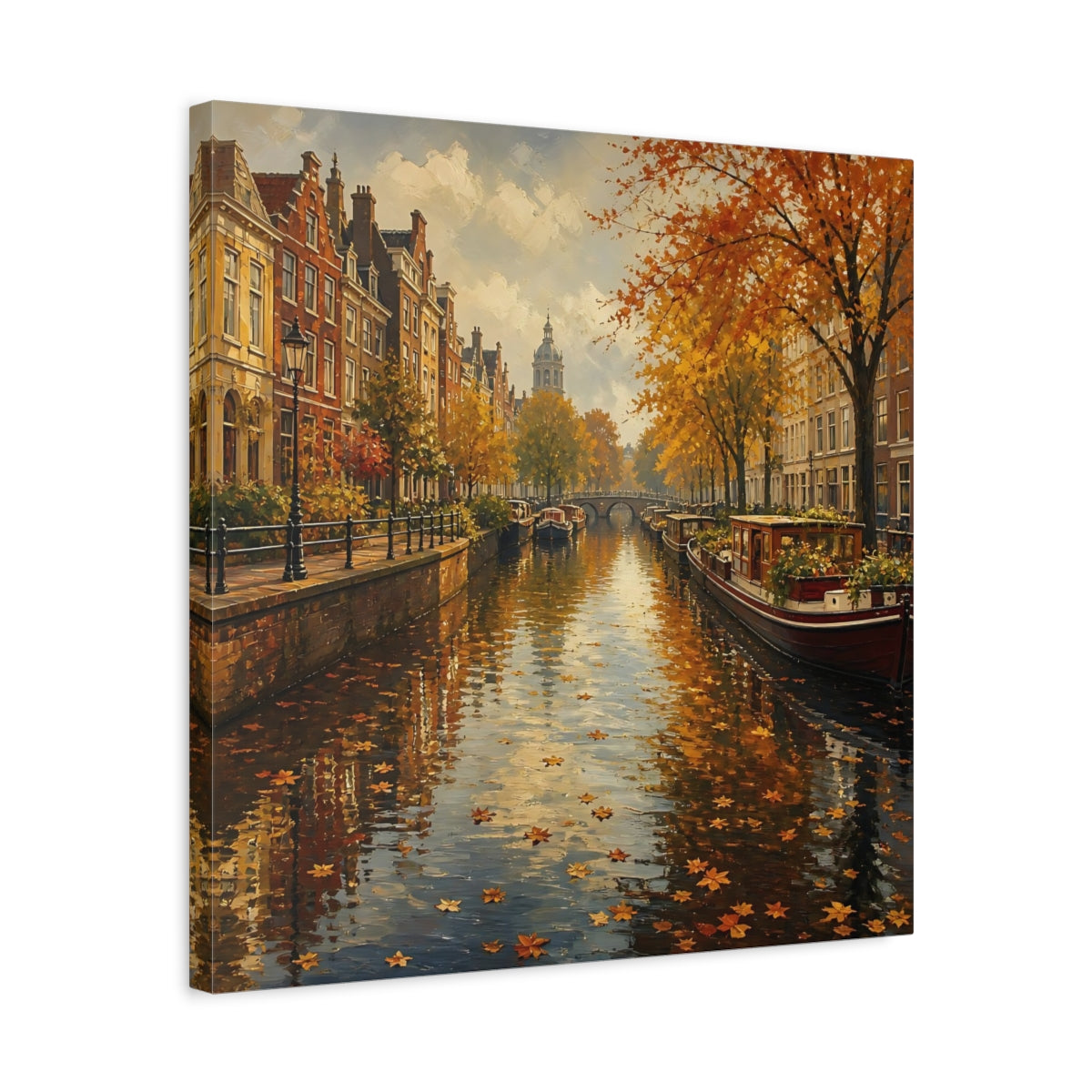 Side Mockup 5. Nature Autumn Canal Autumn Cityscape shown as stretched canvas wall art