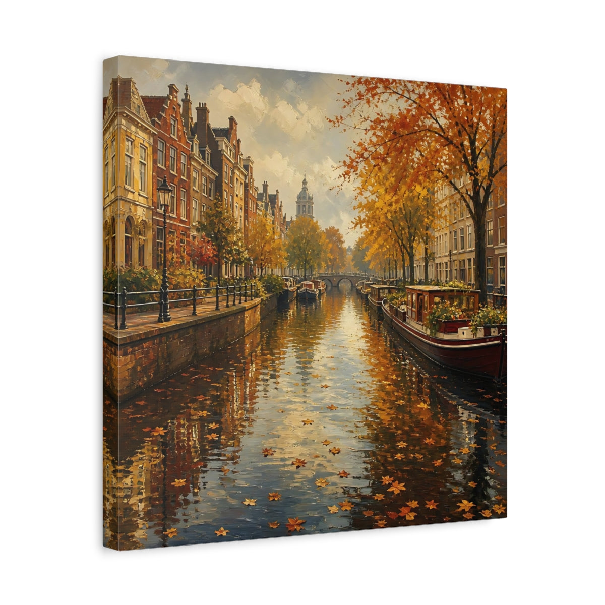 Side Mockup 6. Nature Autumn Canal Autumn Cityscape shown as stretched canvas wall art