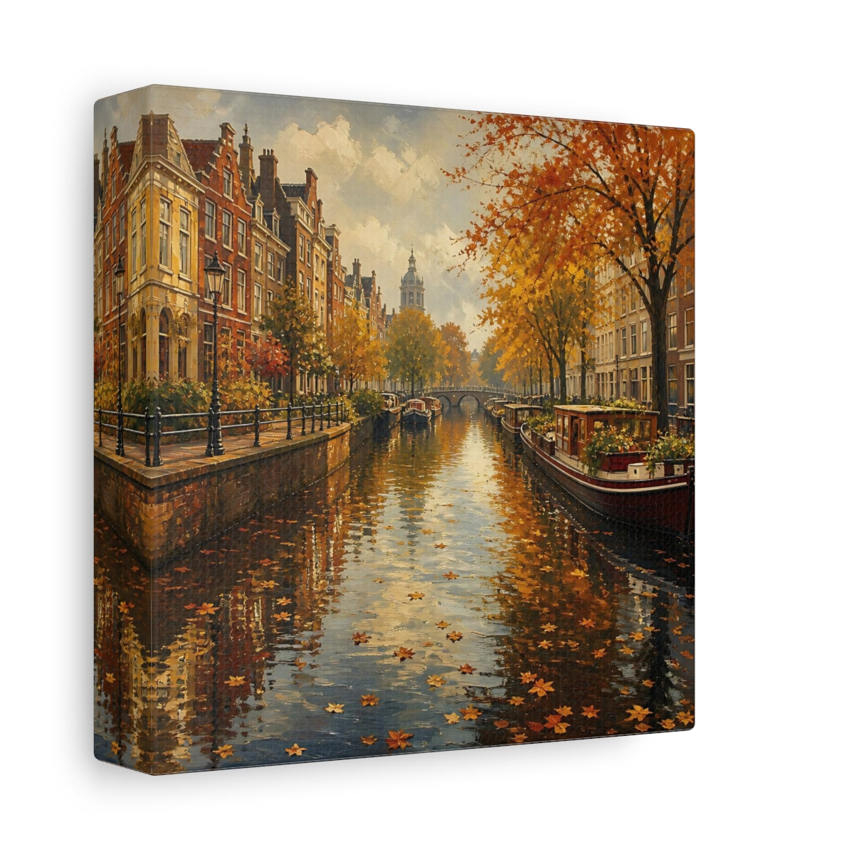 Side Mockup 2. Nature Autumn Canal Autumn Cityscape shown as stretched canvas wall art