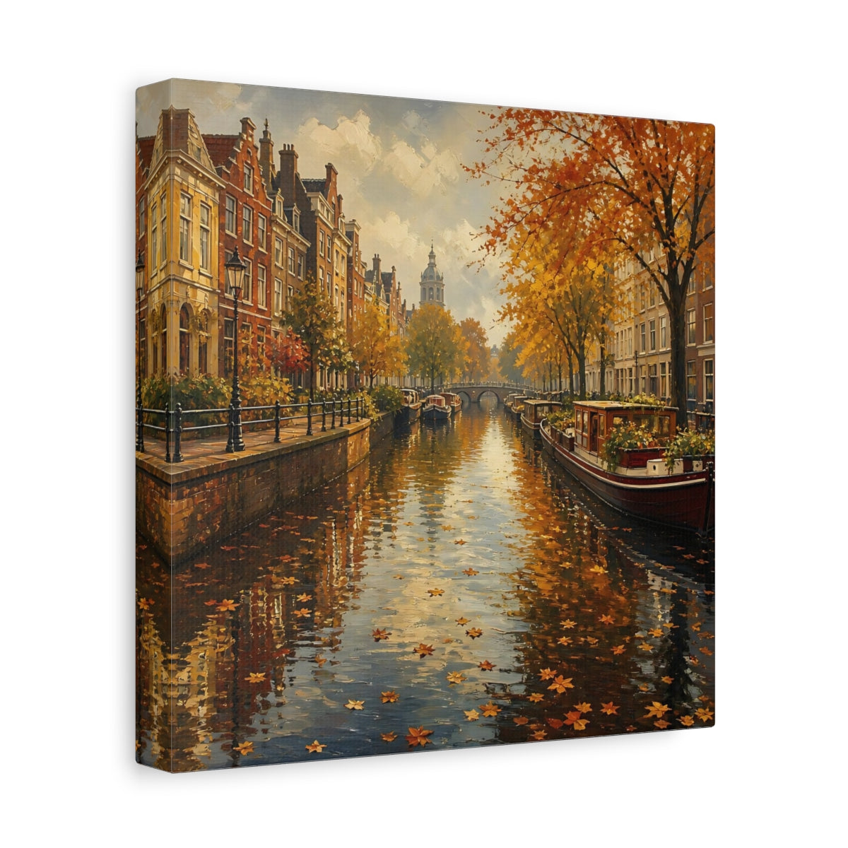 Side Mockup 9. Nature Autumn Canal Autumn Cityscape shown as stretched canvas wall art
