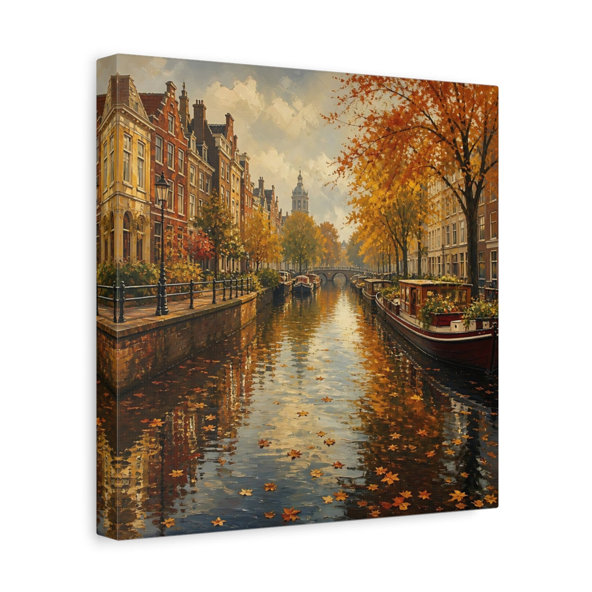 Side Mockup 8. Nature Autumn Canal Autumn Cityscape shown as stretched canvas wall art