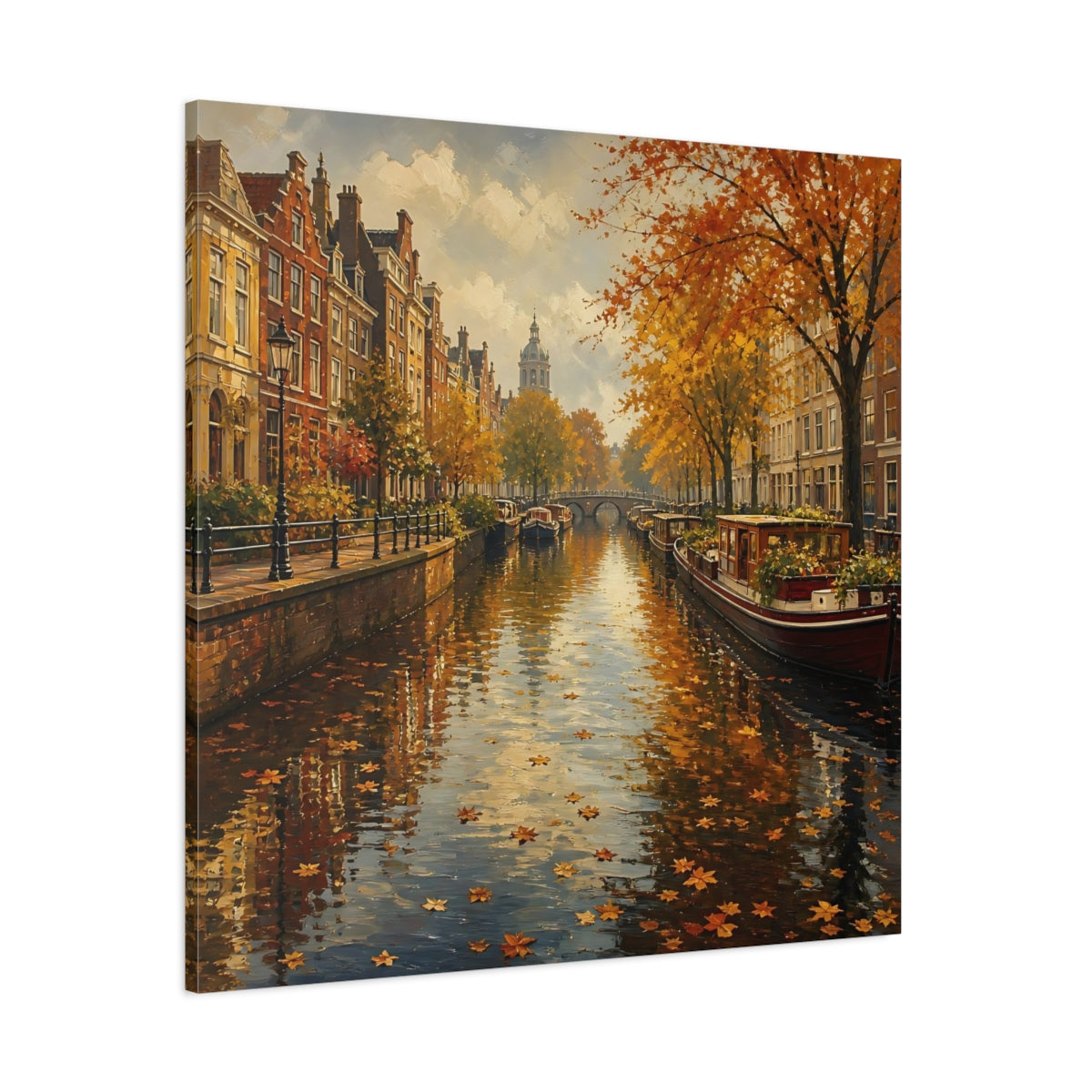 Side Mockup 1. Nature Autumn Canal Autumn Cityscape shown as stretched canvas wall art