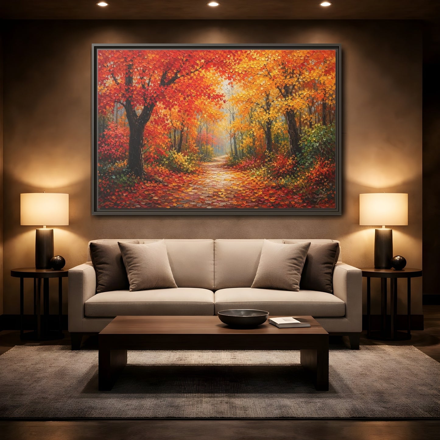 Mockup 2. Nature Autumn Forest Autumn Forest Path shown as stretched canvas wall art