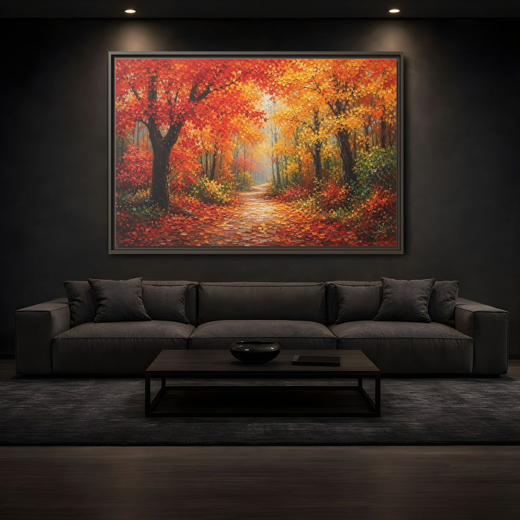 Mockup 3. Nature Autumn Forest Autumn Forest Path shown as stretched canvas wall art