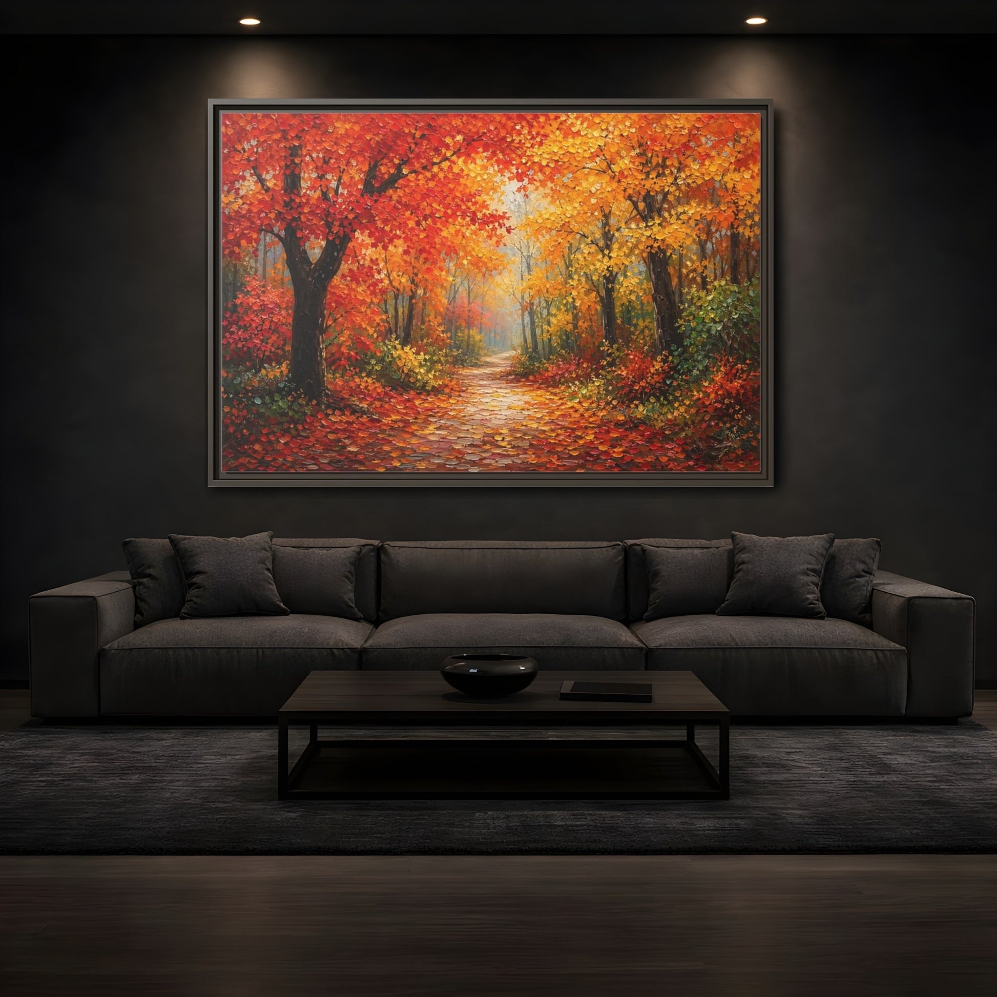 Mockup 3. Nature Autumn Forest Autumn Forest Path shown as stretched canvas wall art