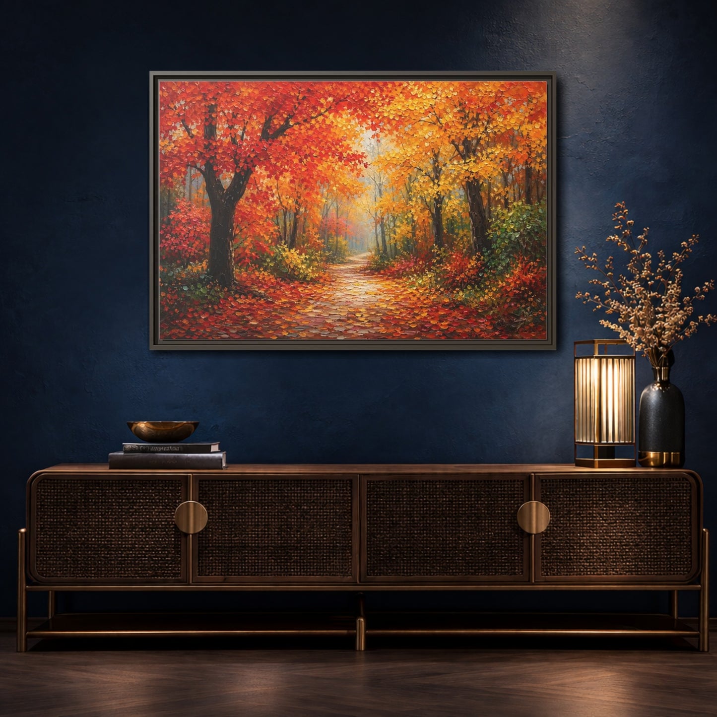 Mockup 4. Nature Autumn Forest Autumn Forest Path shown as stretched canvas wall art
