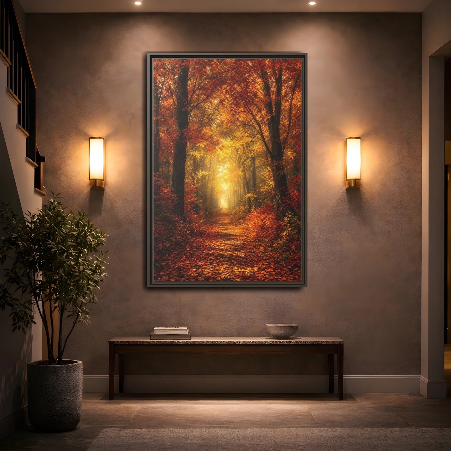 Mockup 2. Nature Autumn Forest Orange Yellow Forest shown as stretched canvas wall art
