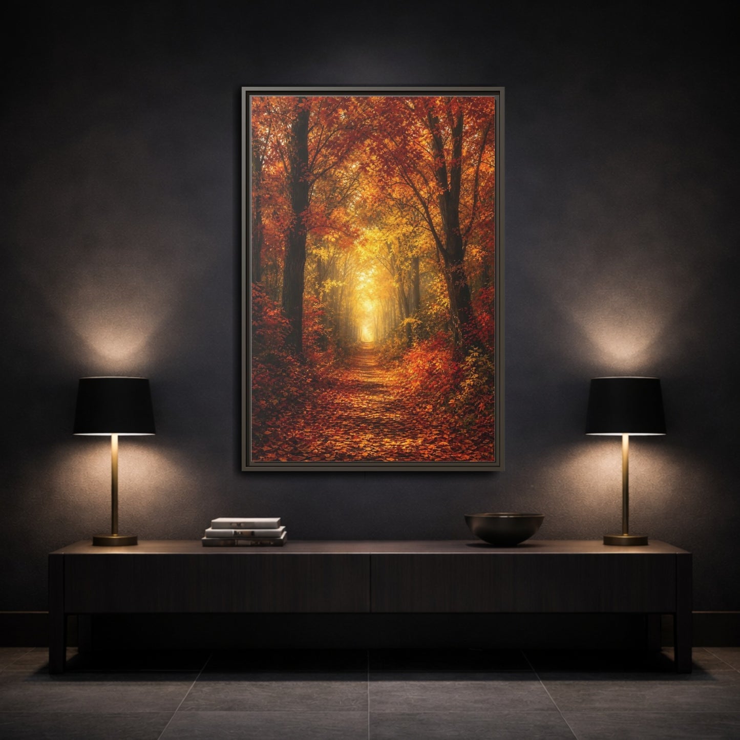 Mockup 3. Nature Autumn Forest Orange Yellow Forest shown as stretched canvas wall art