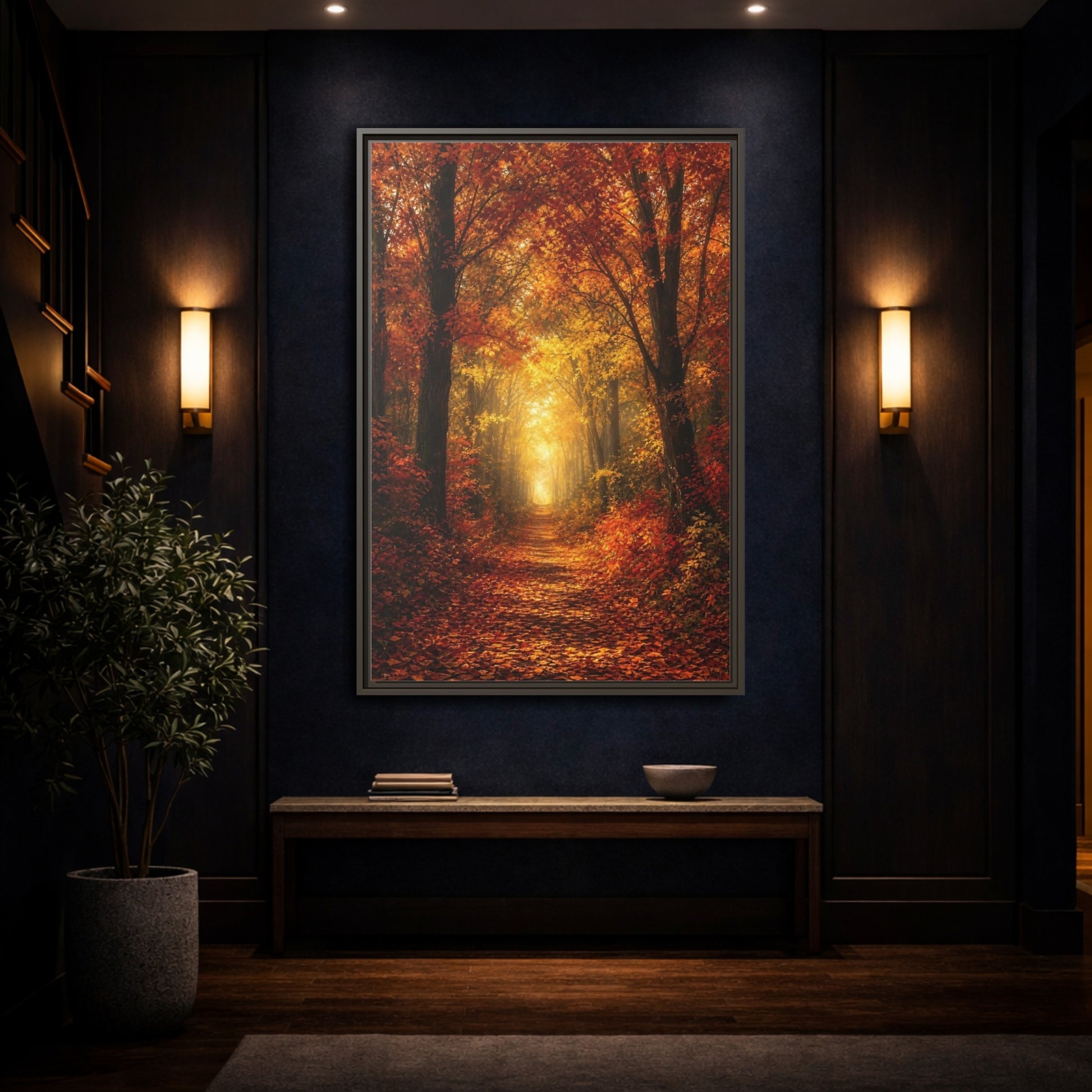 Mockup 4. Nature Autumn Forest Orange Yellow Forest shown as stretched canvas wall art