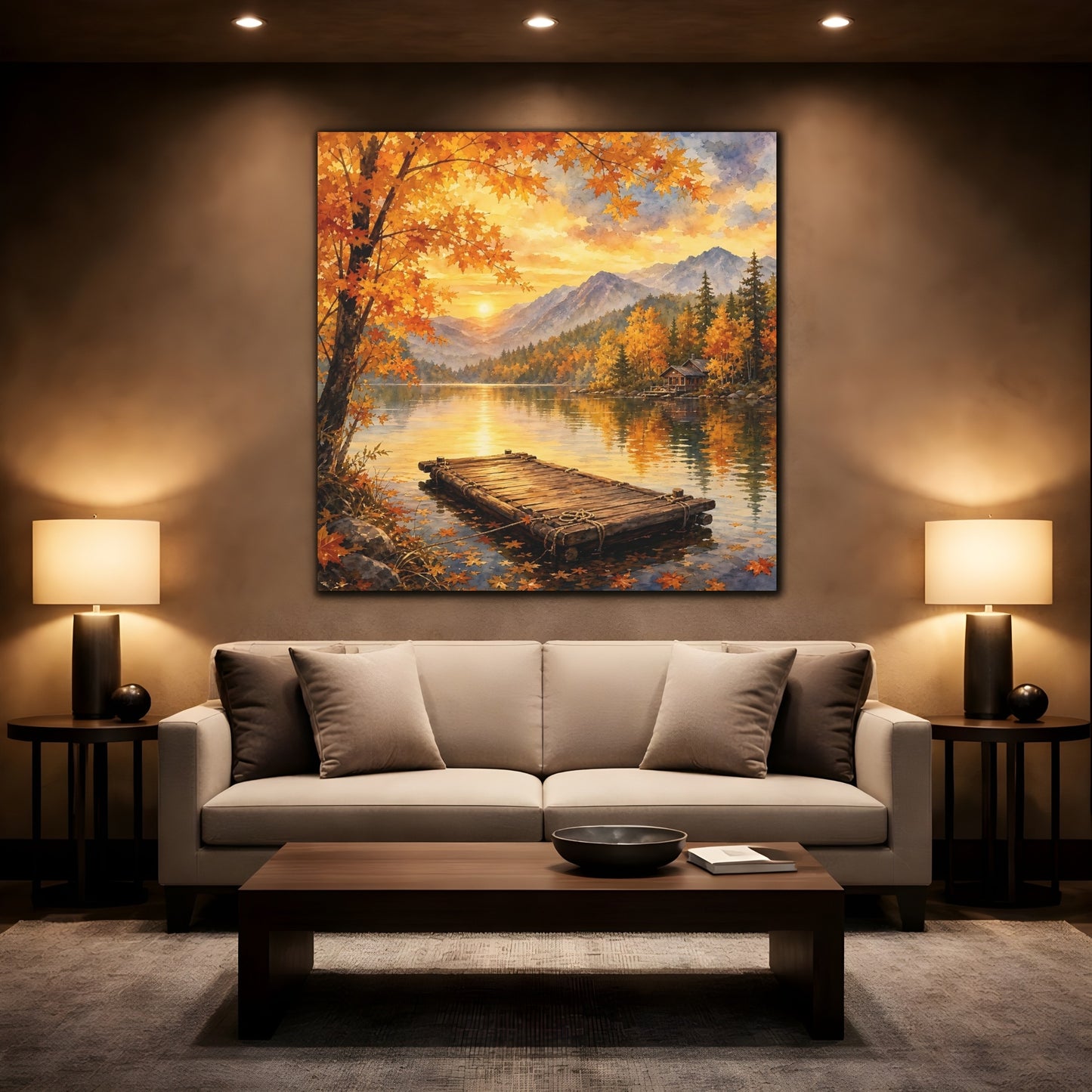 Mockup 2. Nature Autumn Lake Autumn Lake Sunset shown as stretched canvas wall art