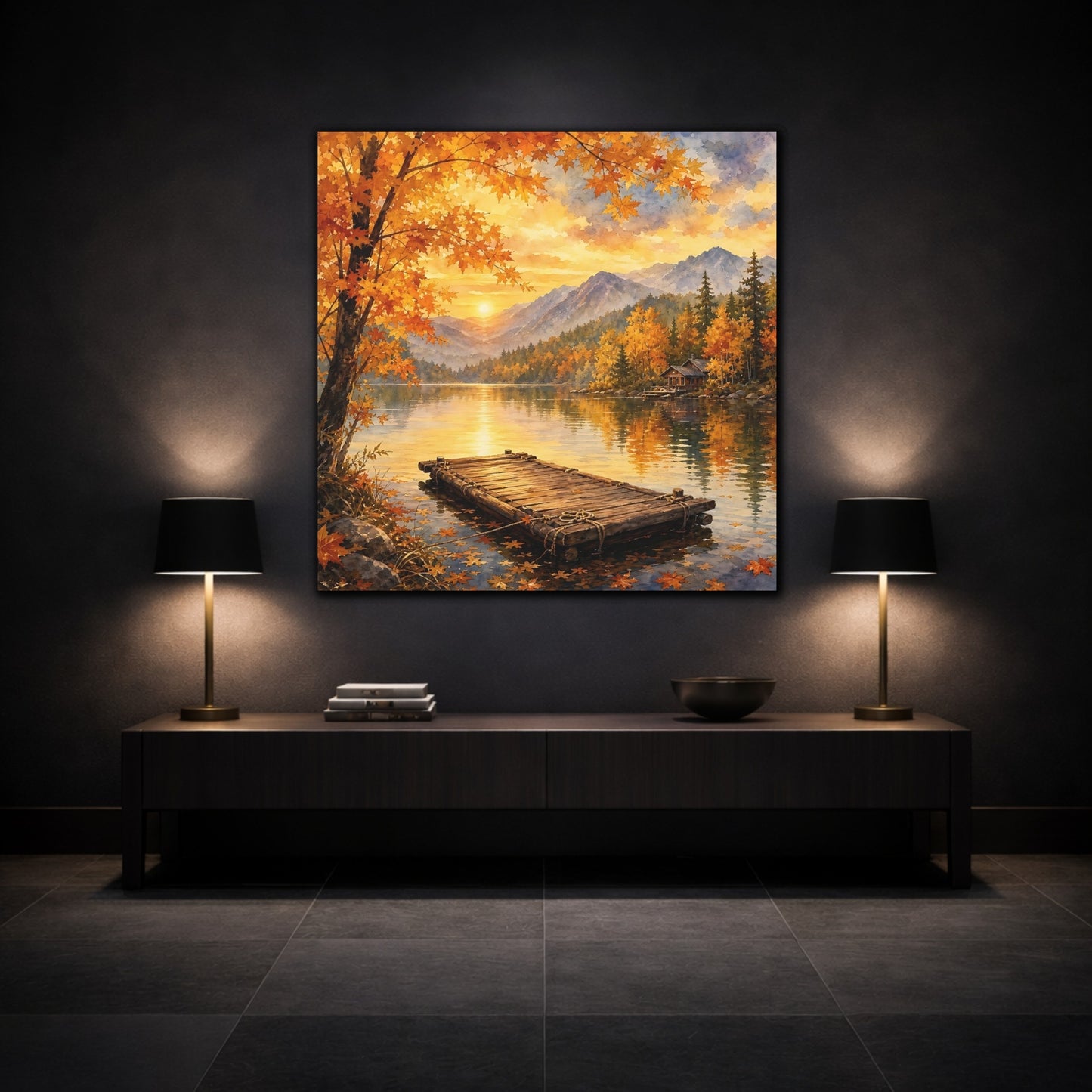 Mockup 3. Nature Autumn Lake Autumn Lake Sunset shown as stretched canvas wall art