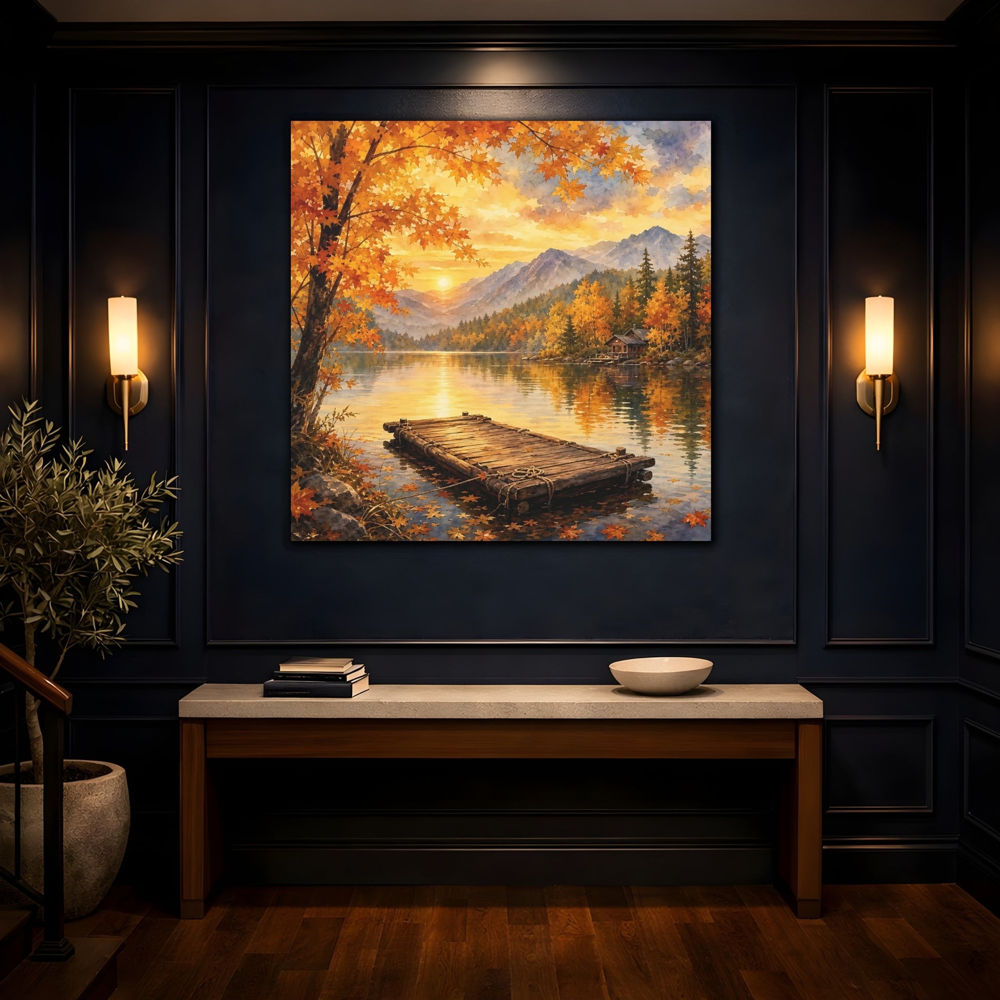 Mockup 4. Nature Autumn Lake Autumn Lake Sunset shown as stretched canvas wall art