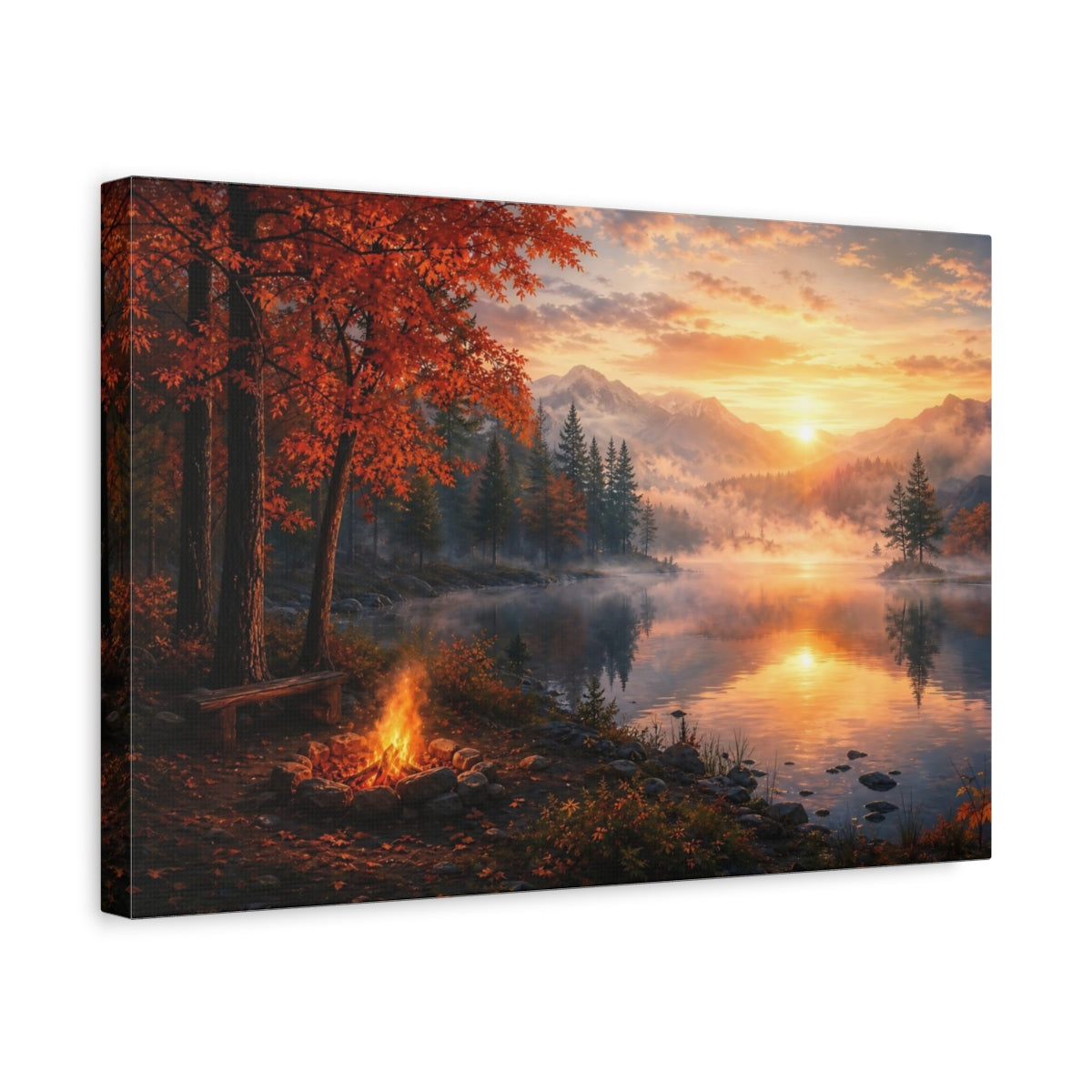 Side Mockup 4. Nature Autumn Lake Orange Sunset Lake shown as stretched canvas wall art