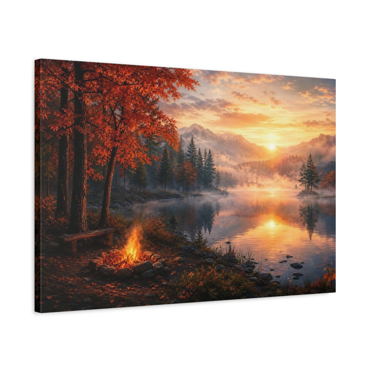 Side Mockup 2. Nature Autumn Lake Orange Sunset Lake shown as stretched canvas wall art
