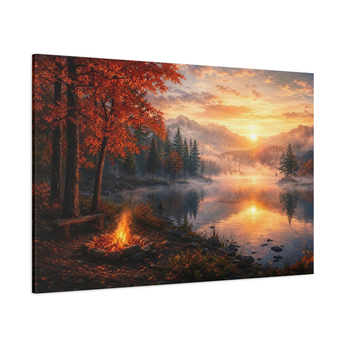 Side Mockup 1. Nature Autumn Lake Orange Sunset Lake shown as stretched canvas wall art