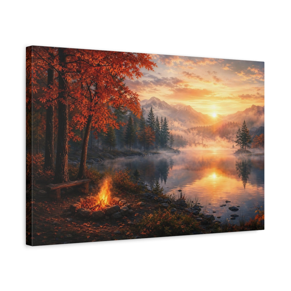 Side Mockup 3. Nature Autumn Lake Orange Sunset Lake shown as stretched canvas wall art