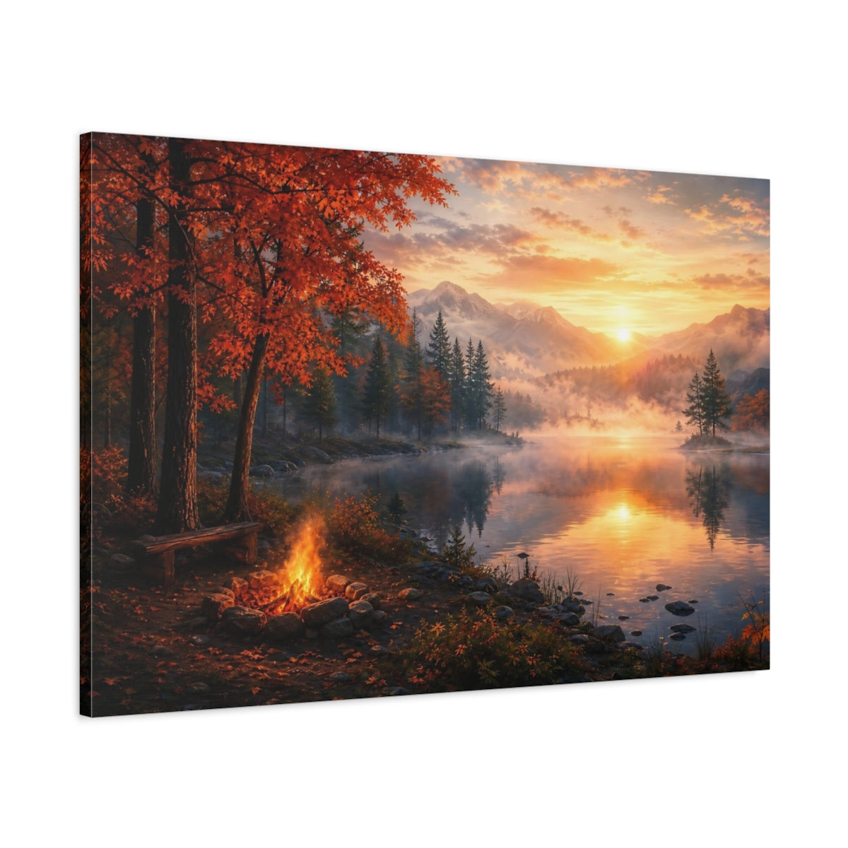 Main Mockup. Nature Autumn Lake Orange Sunset Lake shown as stretched canvas wall art