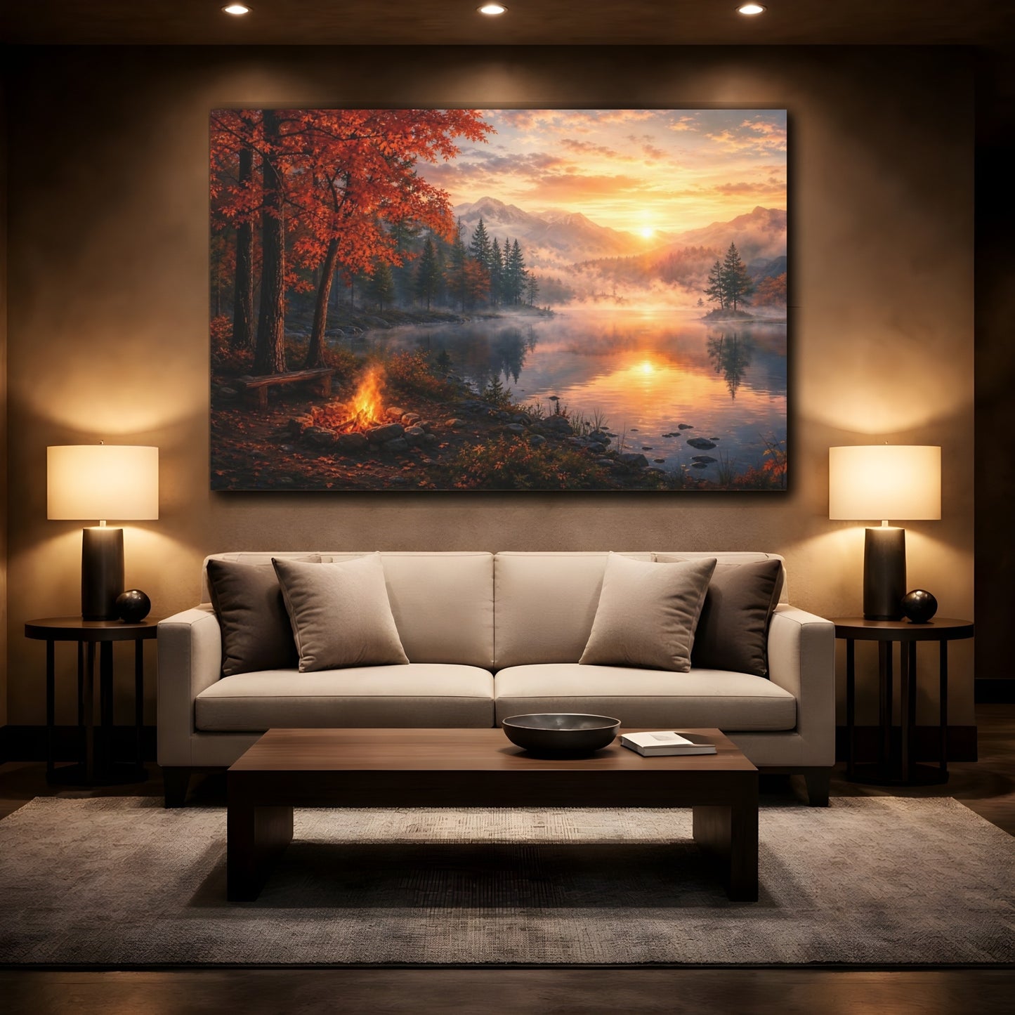 Mockup 2. Nature Autumn Lake Orange Sunset Lake shown as stretched canvas wall art