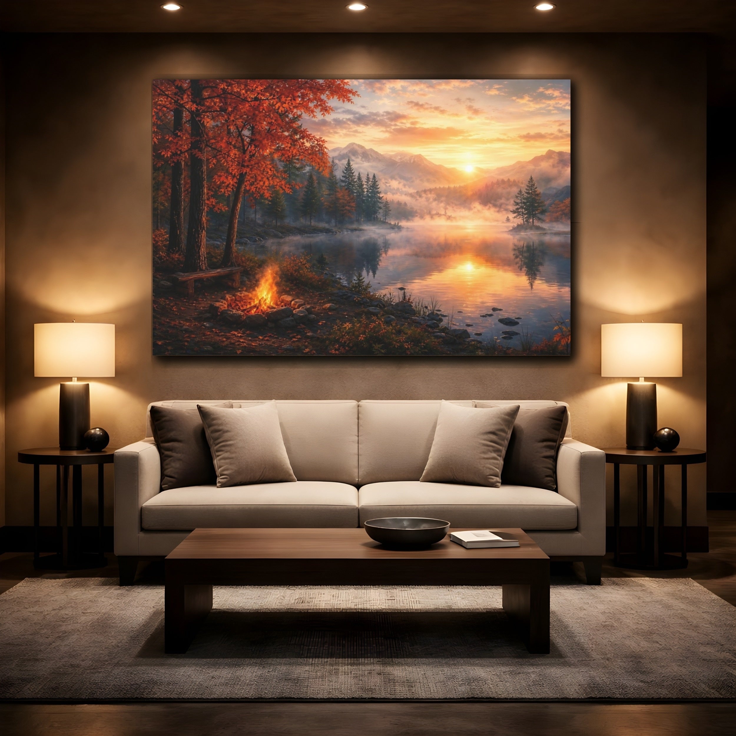 Mockup 2. Nature Autumn Lake Orange Sunset Lake shown as stretched canvas wall art