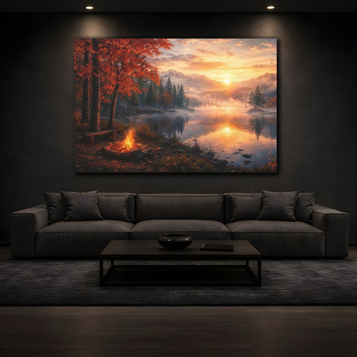 Mockup 3. Nature Autumn Lake Orange Sunset Lake shown as stretched canvas wall art