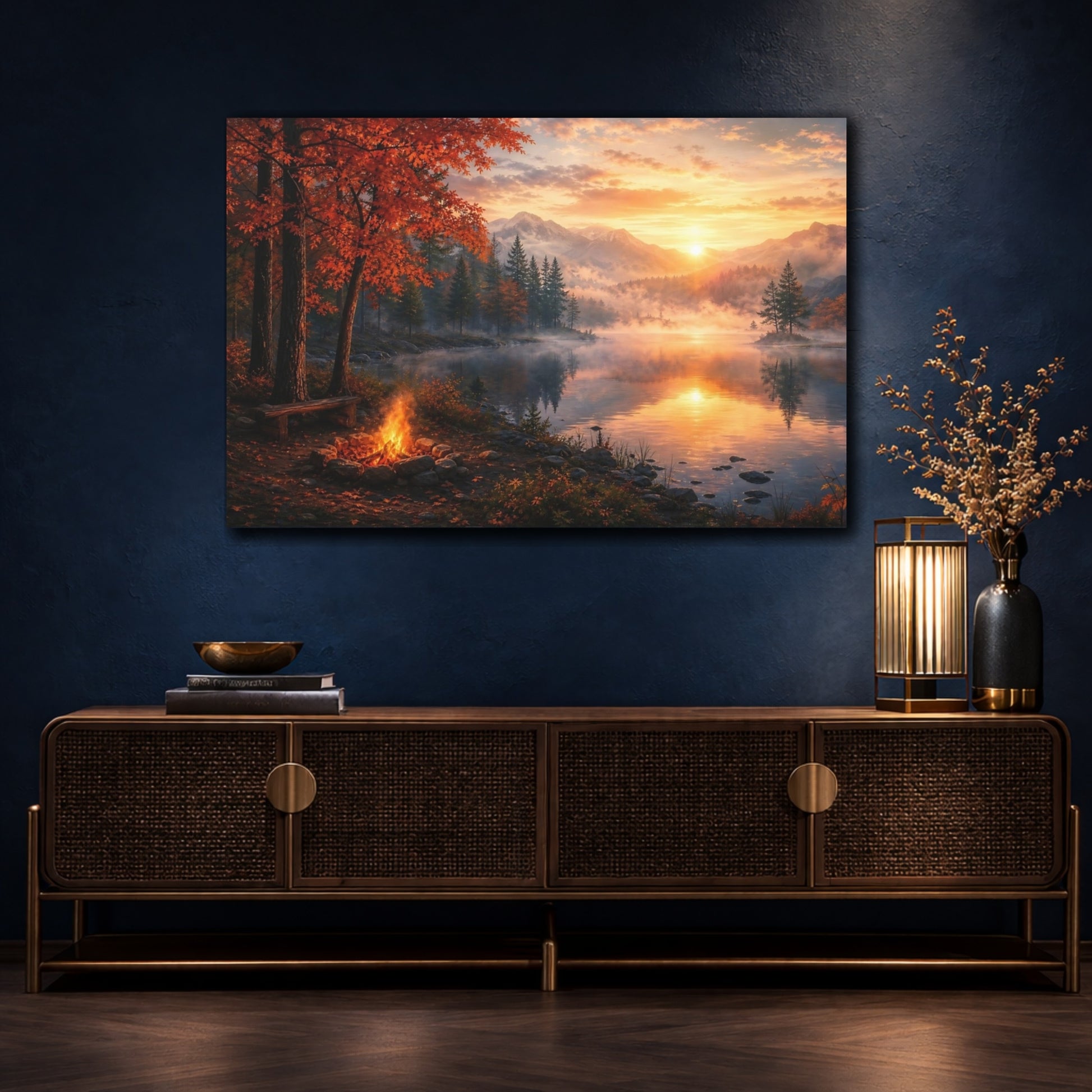 Mockup 4. Nature Autumn Lake Orange Sunset Lake shown as stretched canvas wall art