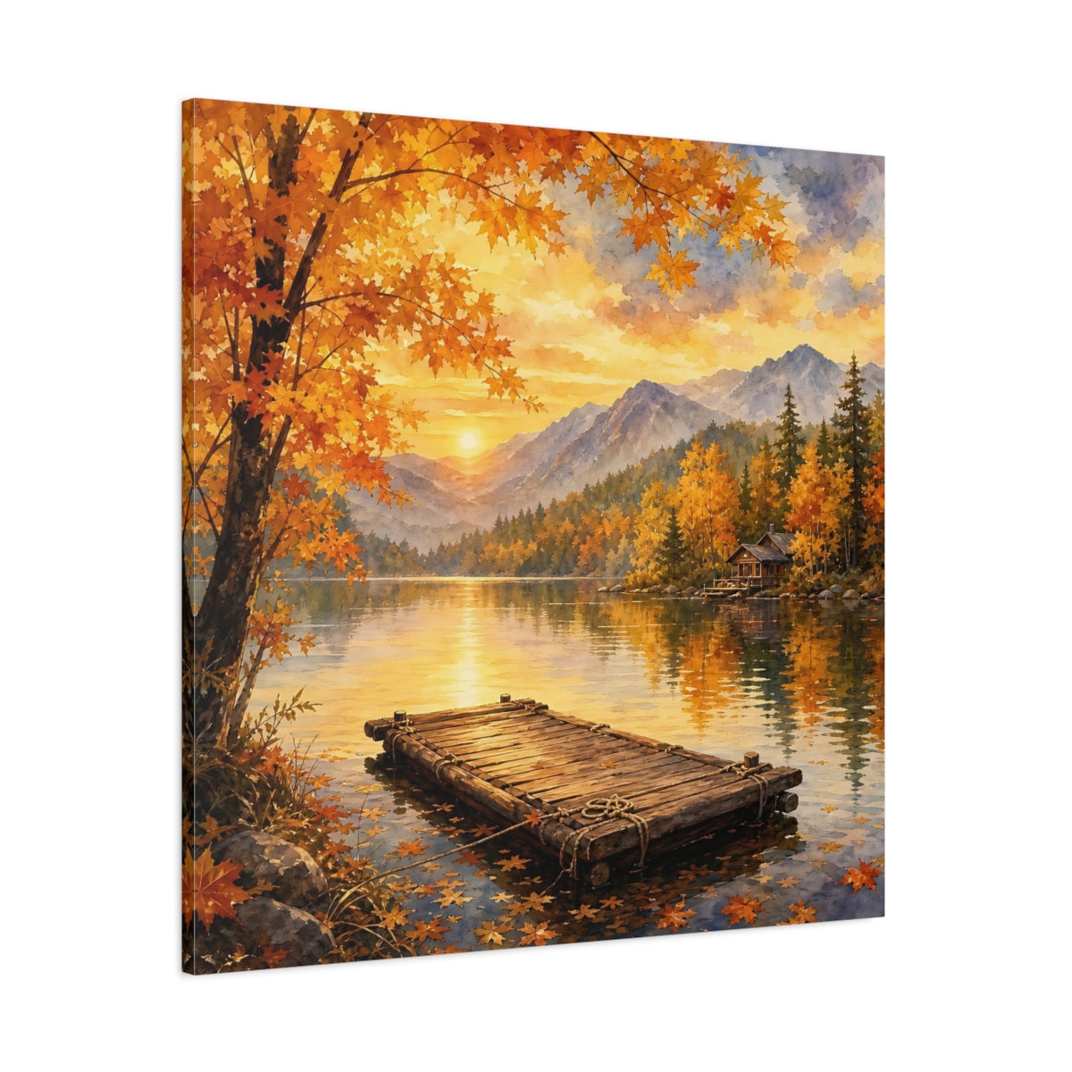 Side Mockup 1. Nature Autumn Lake Autumn Lake Sunset shown as stretched canvas wall art