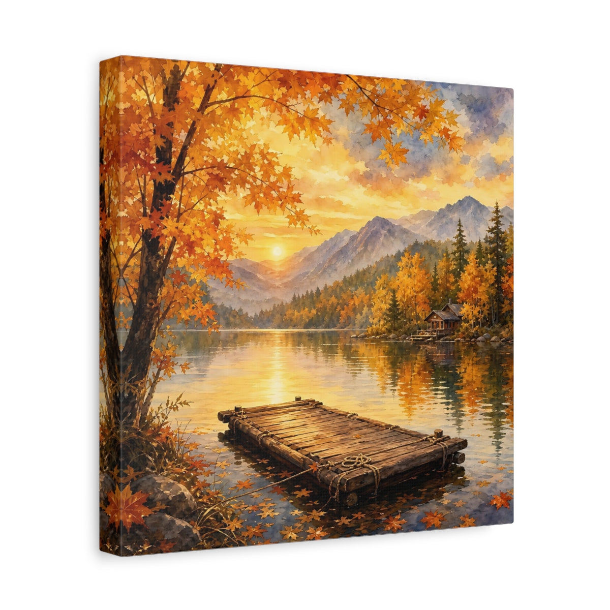 Side Mockup 8. Nature Autumn Lake Autumn Lake Sunset shown as stretched canvas wall art