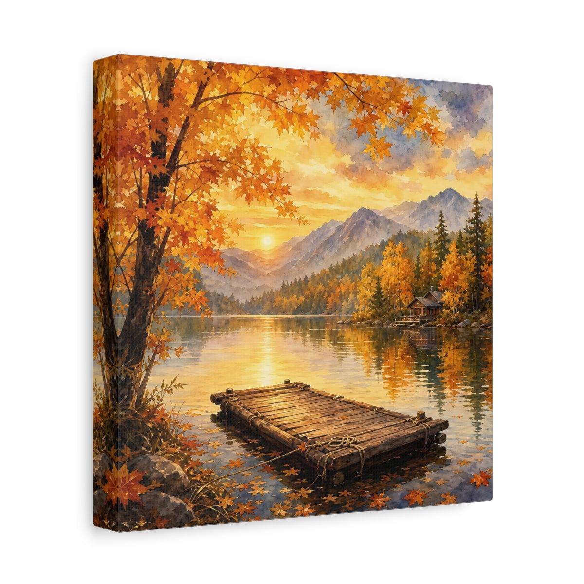 Side Mockup 9. Nature Autumn Lake Autumn Lake Sunset shown as stretched canvas wall art