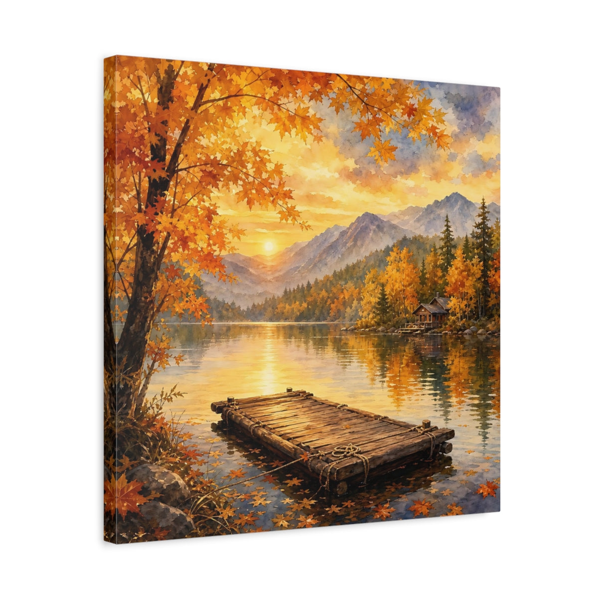 Side Mockup 5. Nature Autumn Lake Autumn Lake Sunset shown as stretched canvas wall art
