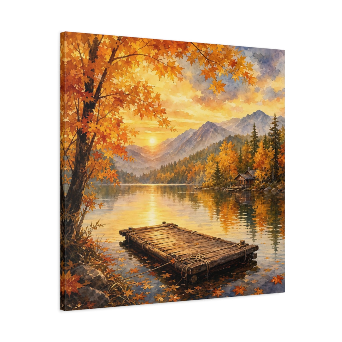 Side Mockup 3. Nature Autumn Lake Autumn Lake Sunset shown as stretched canvas wall art