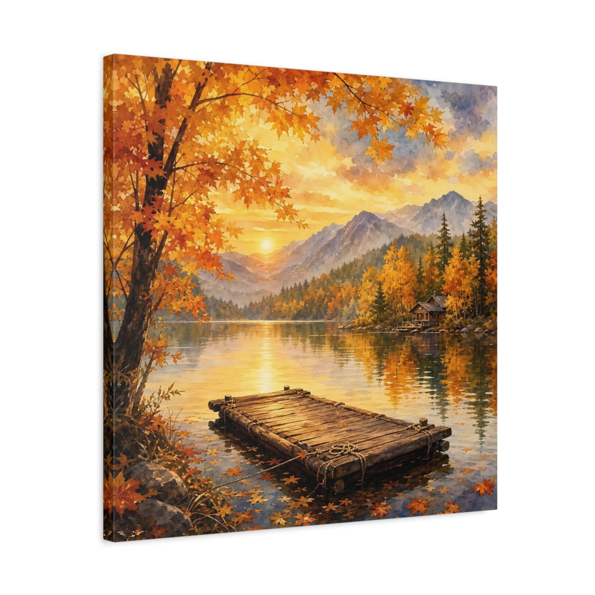Side Mockup 4. Nature Autumn Lake Autumn Lake Sunset shown as stretched canvas wall art