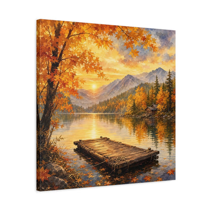 Side Mockup 4. Nature Autumn Lake Autumn Lake Sunset shown as stretched canvas wall art