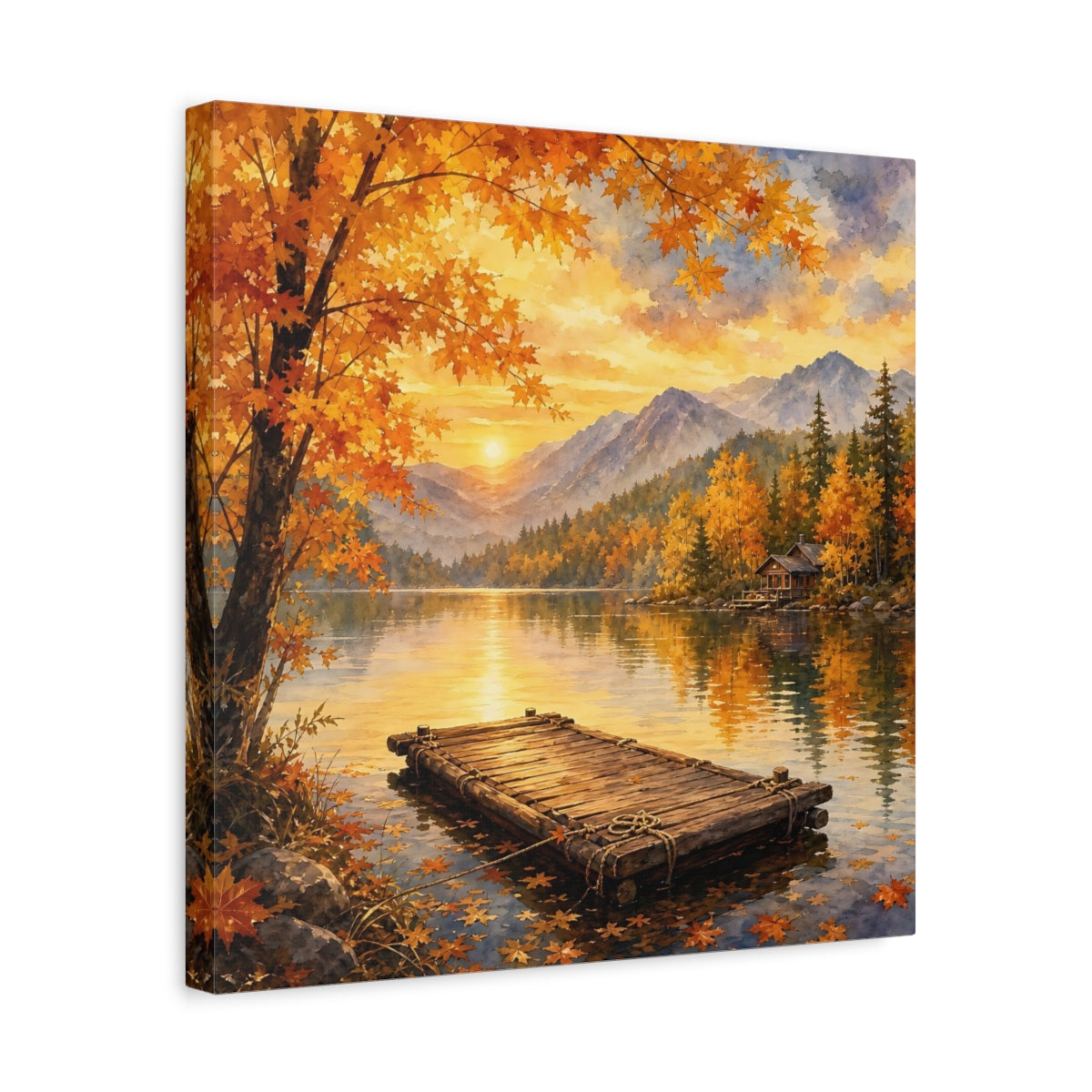 Side Mockup 6. Nature Autumn Lake Autumn Lake Sunset shown as stretched canvas wall art