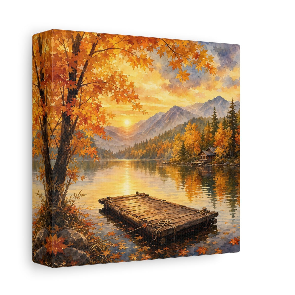 Side Mockup 2. Nature Autumn Lake Autumn Lake Sunset shown as stretched canvas wall art