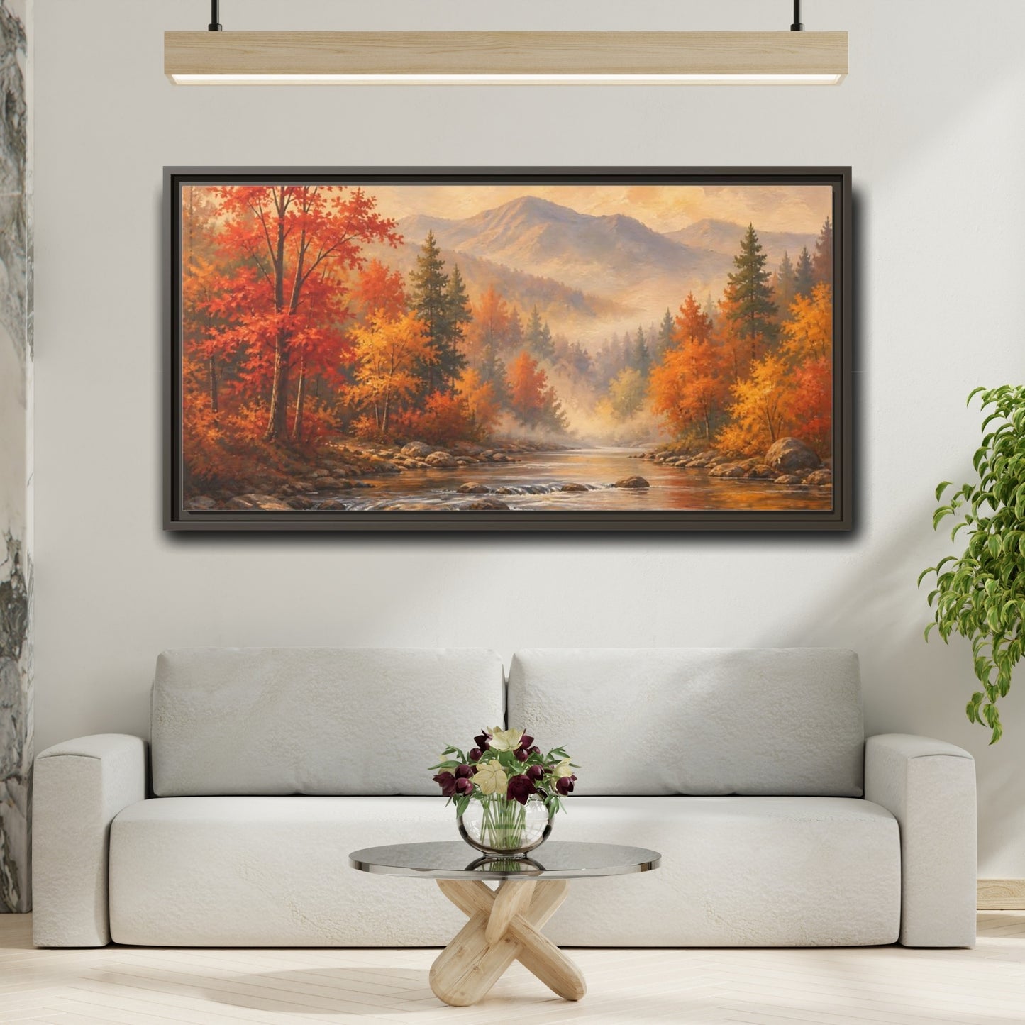 Mockup 2. Nature Autumn Landscape Autumn Forest River shown as stretched canvas wall art